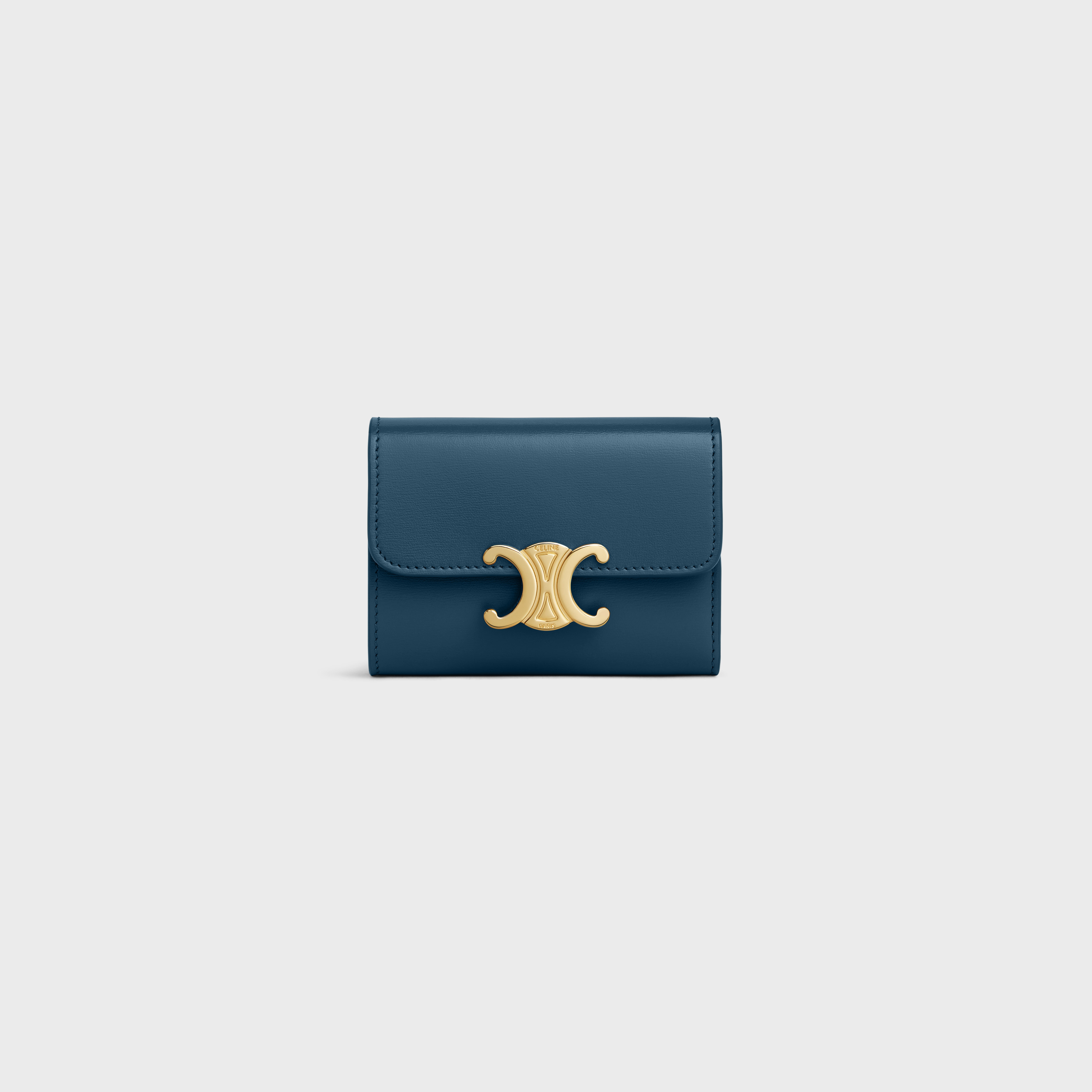 Compact Ring Frame COMPACT WALLET WITH COIN TRIOMPHE IN Shiny calfskin - TEAL BLUE | CELINE