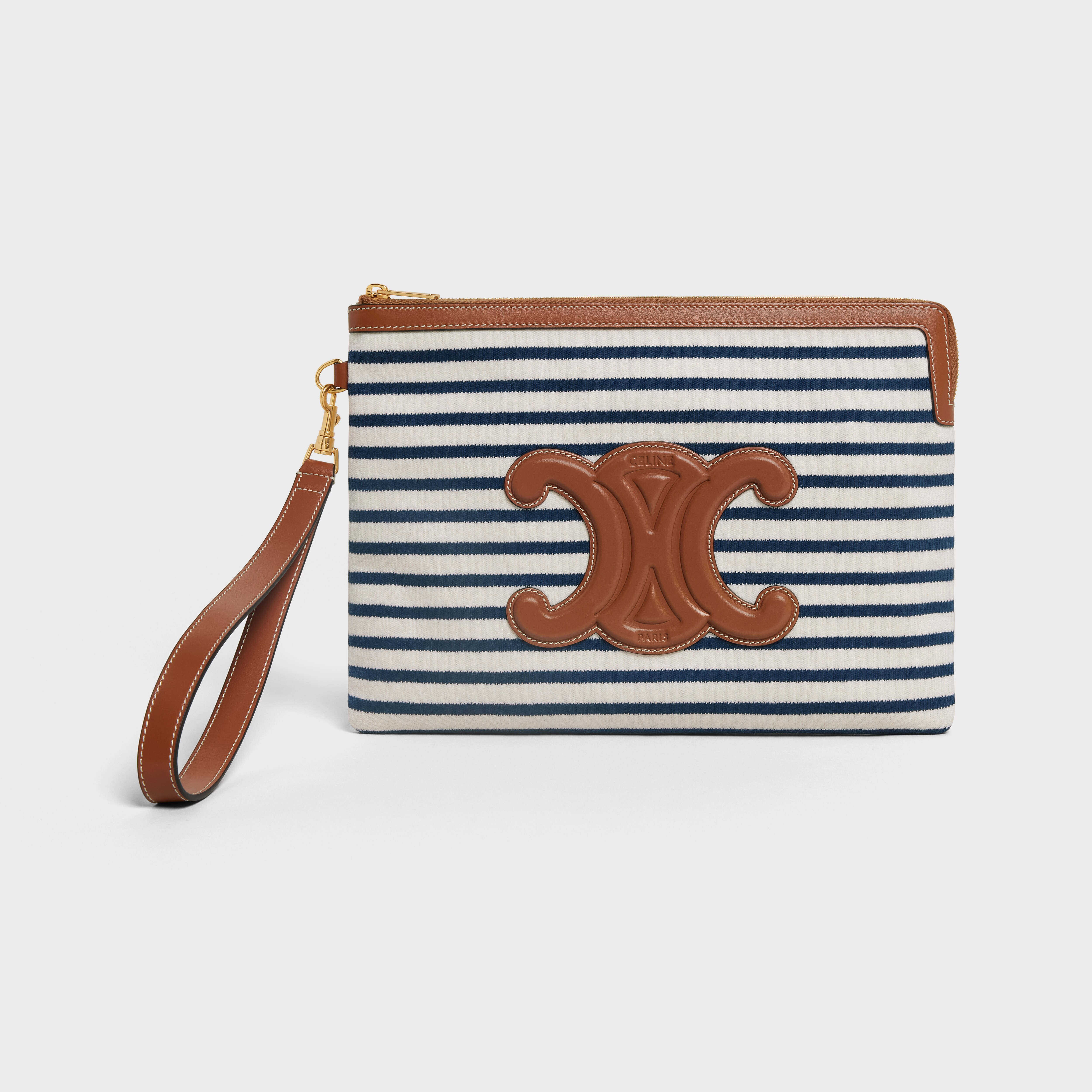 Small Pouch with strap in Striped Textile Navy / Tan CELINE