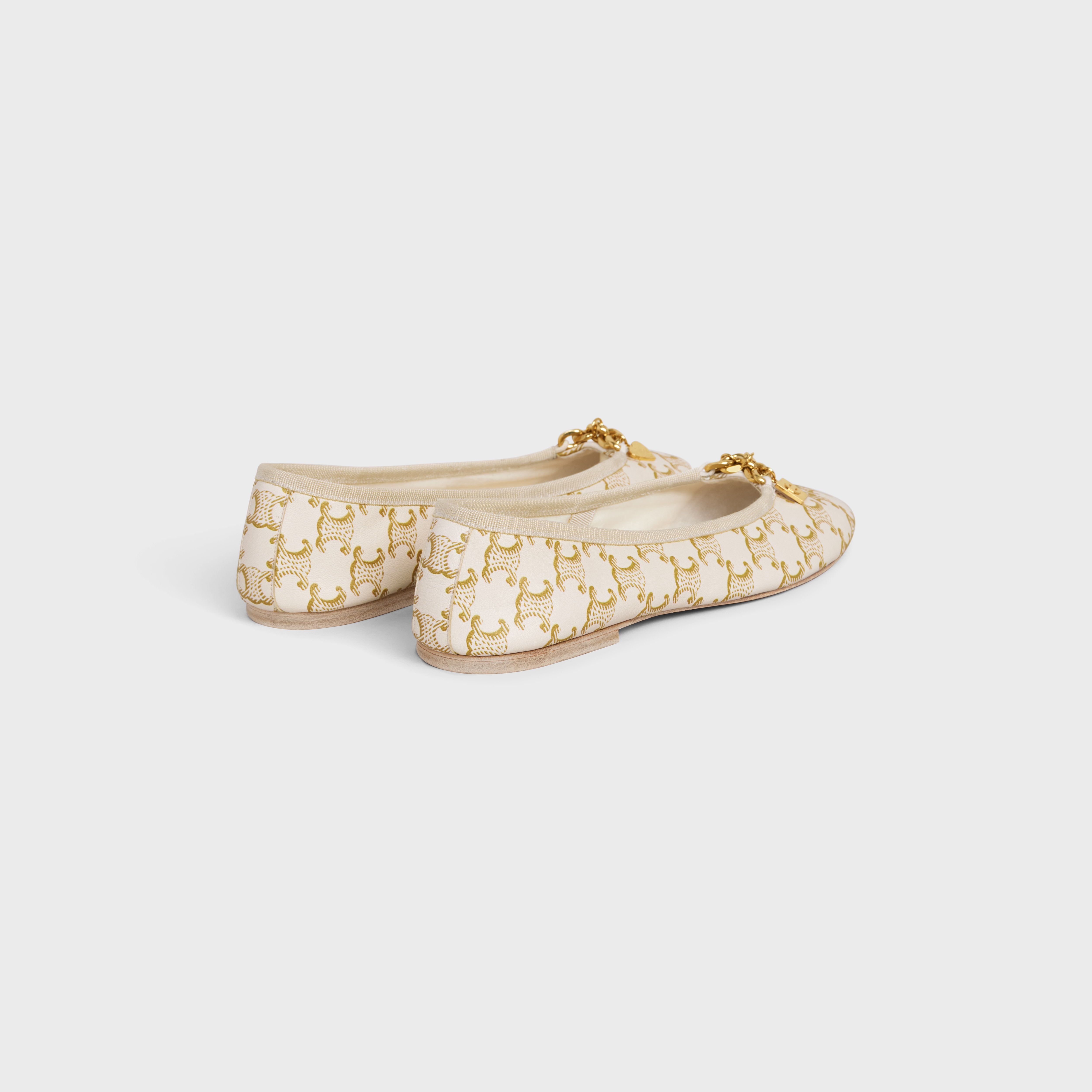 Les Ballerines Celine Ballerina with Charms in Triomphe Printed Lambskin -  White / Camel | CELINE