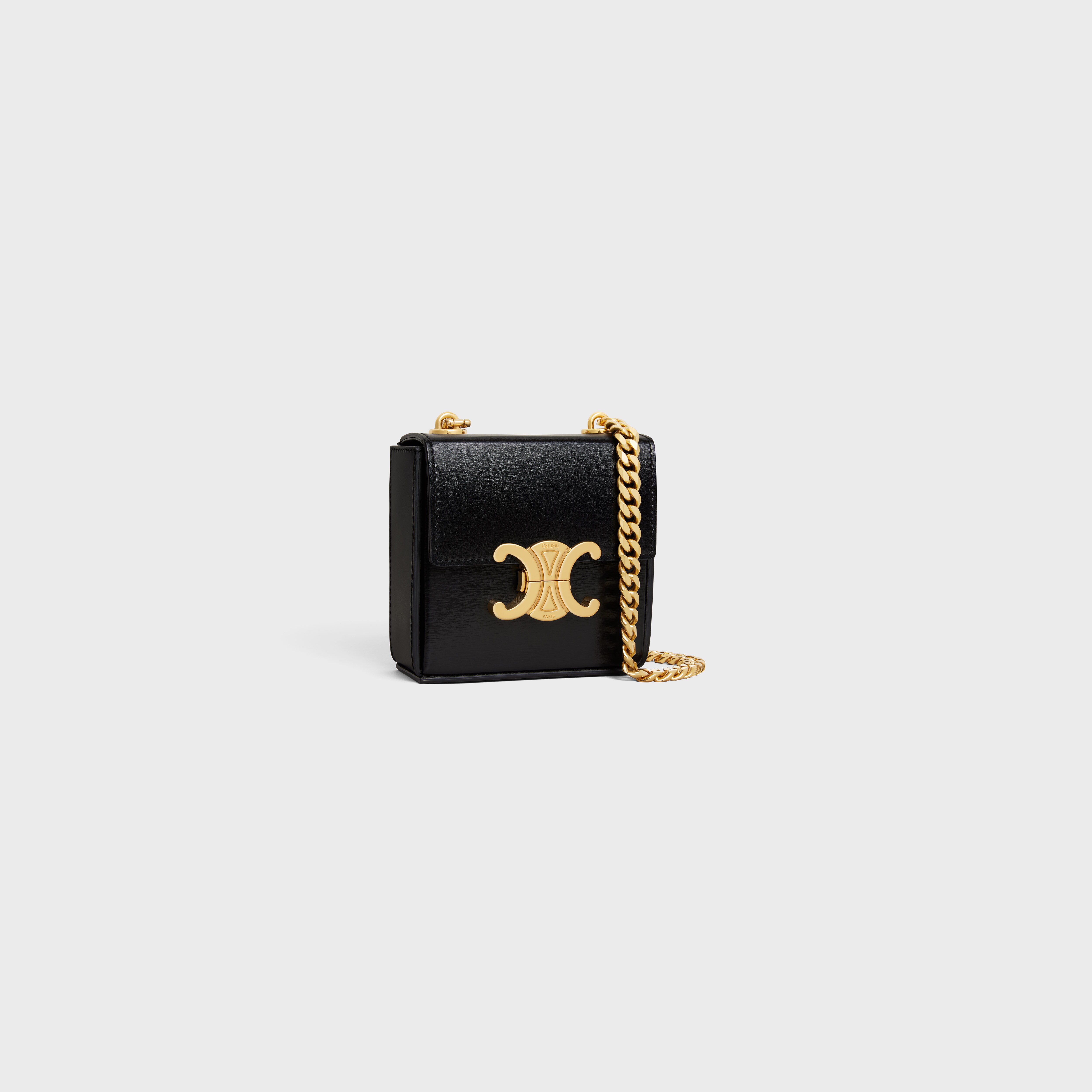 Mini box bag, Shiny calfskin & gold-tone metal , black — Fashion