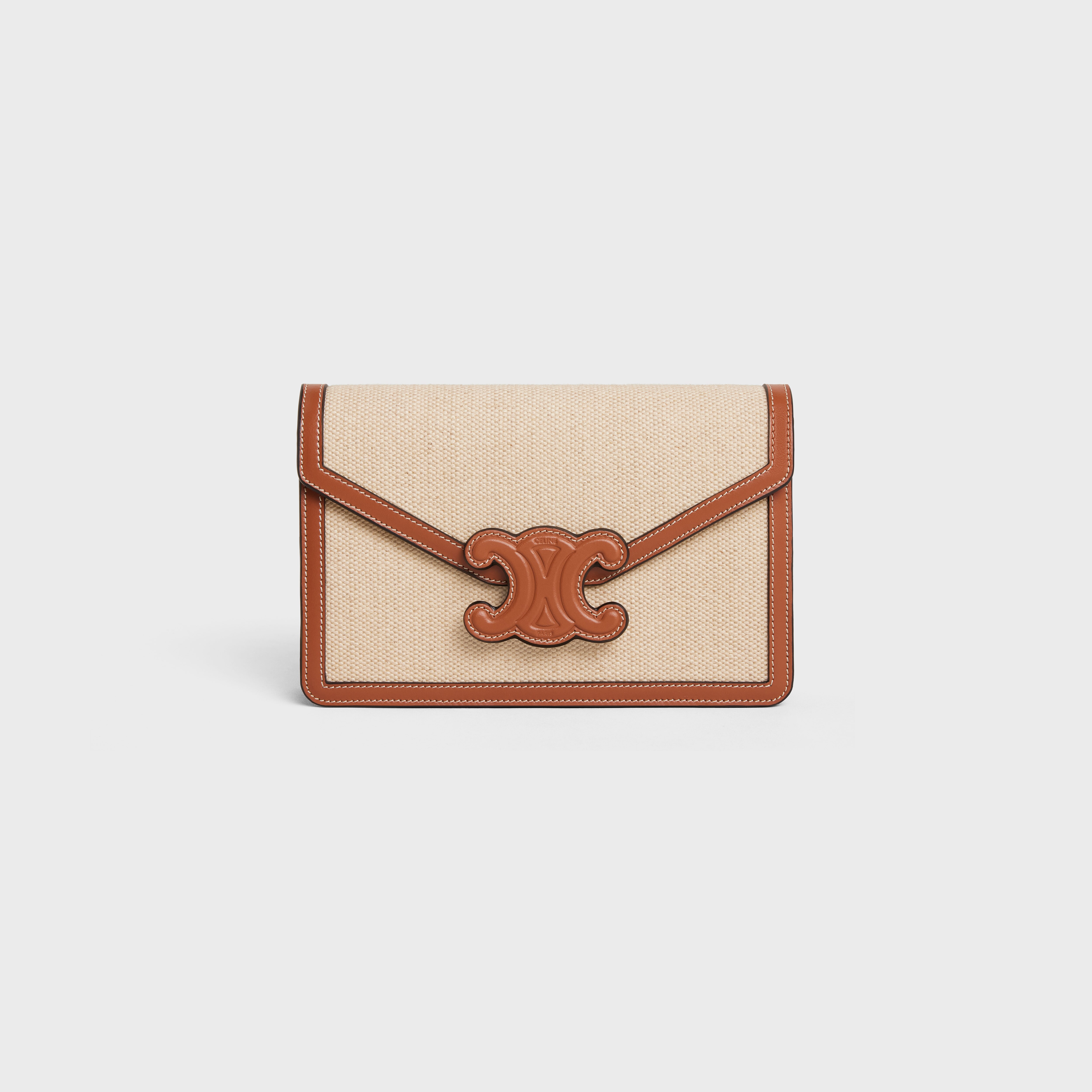 WALLET ON CHAIN TRIOMPHE IN TEXTILE AND CALFSKIN - NATURAL / TAN