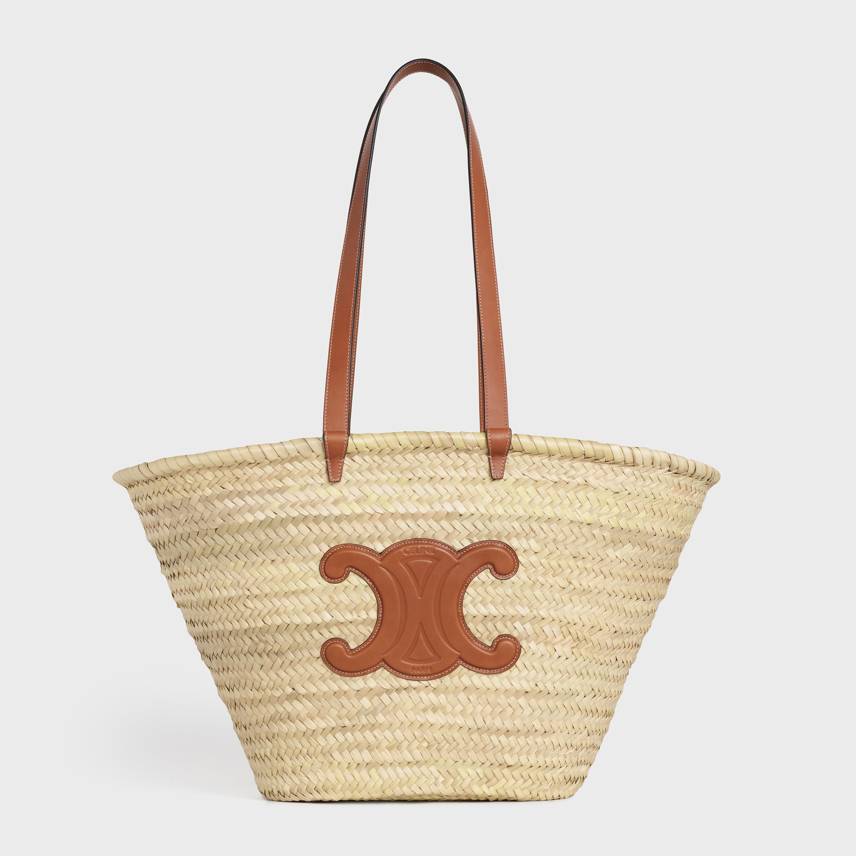 Large Triomphe Celine Classic Panier in Raffia and Calfskin - Tan