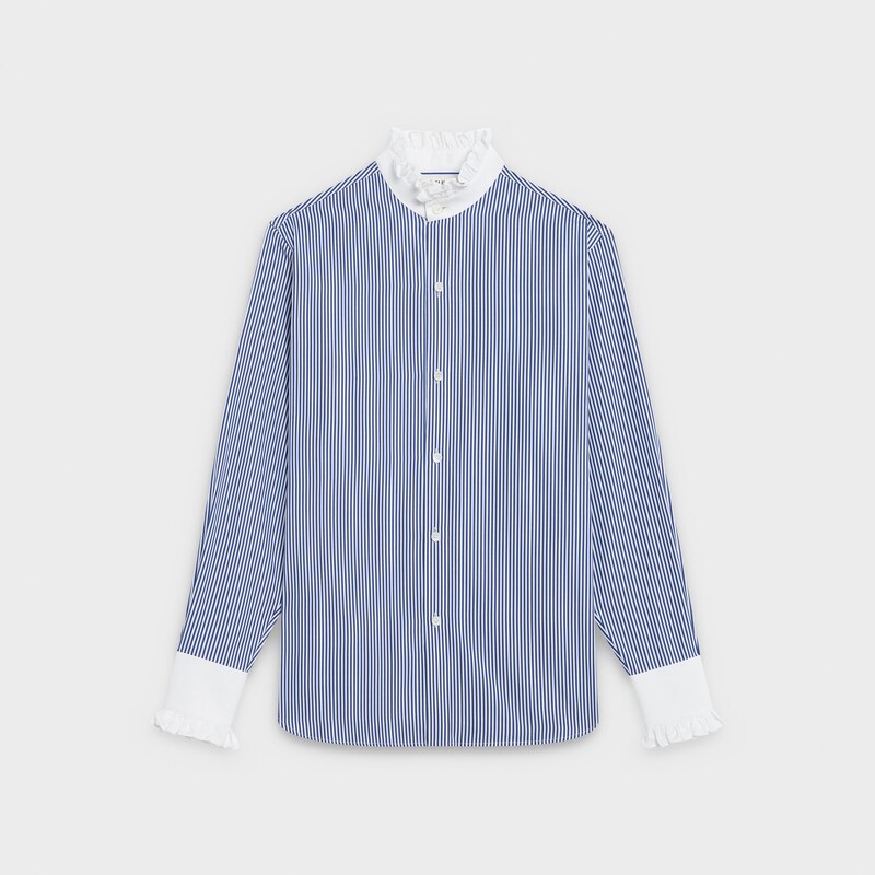 loose shirt with contrasted frill collar and cuffs in striped cotton | CELINE