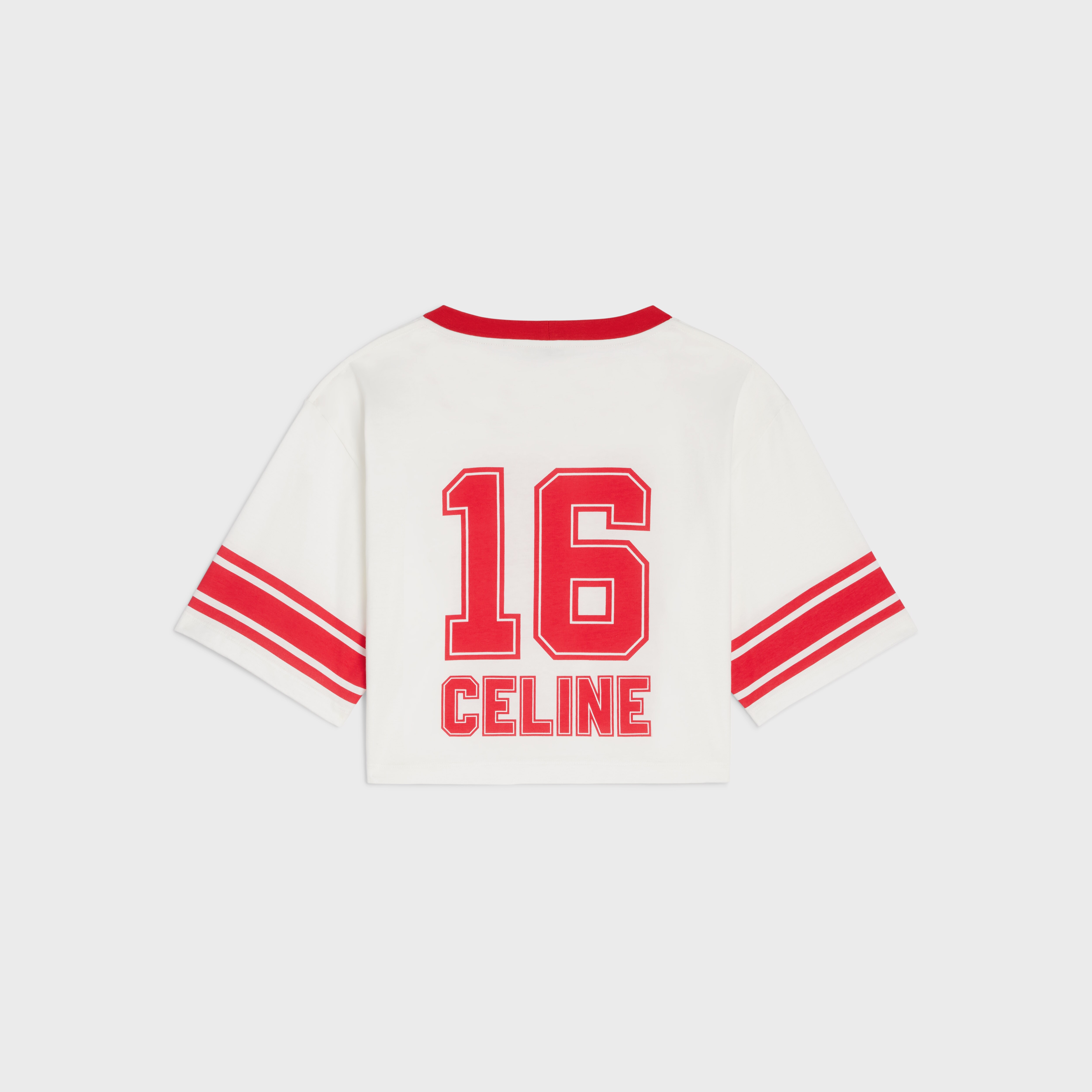 CELINE 16 CROPPED T-SHIRT IN COTTON JERSEY - OFF WHITE/RED INTENSE