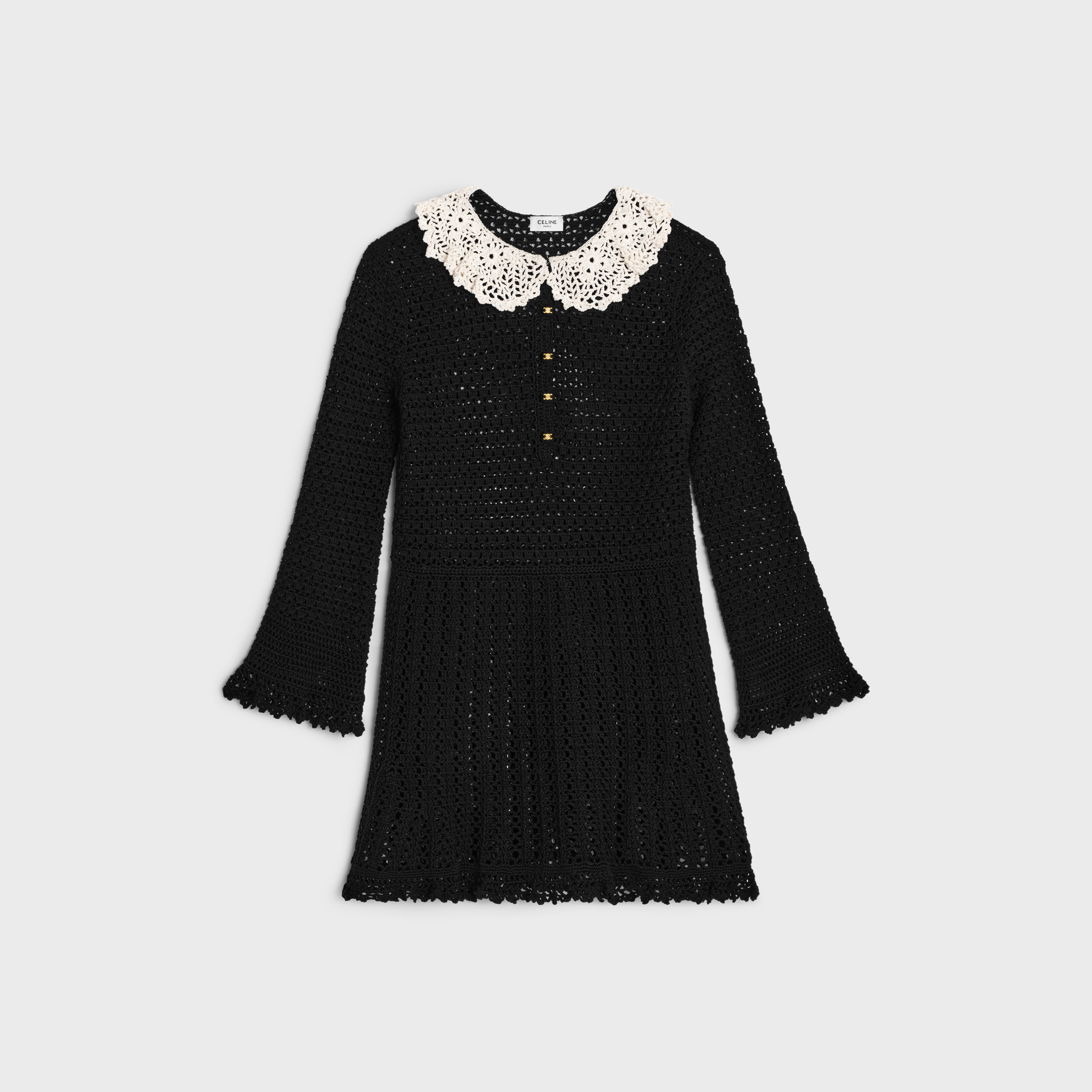 BABYDOLL MINI DRESS IN CROCHETED COTTON BLACK/OFF WHITE CELINE