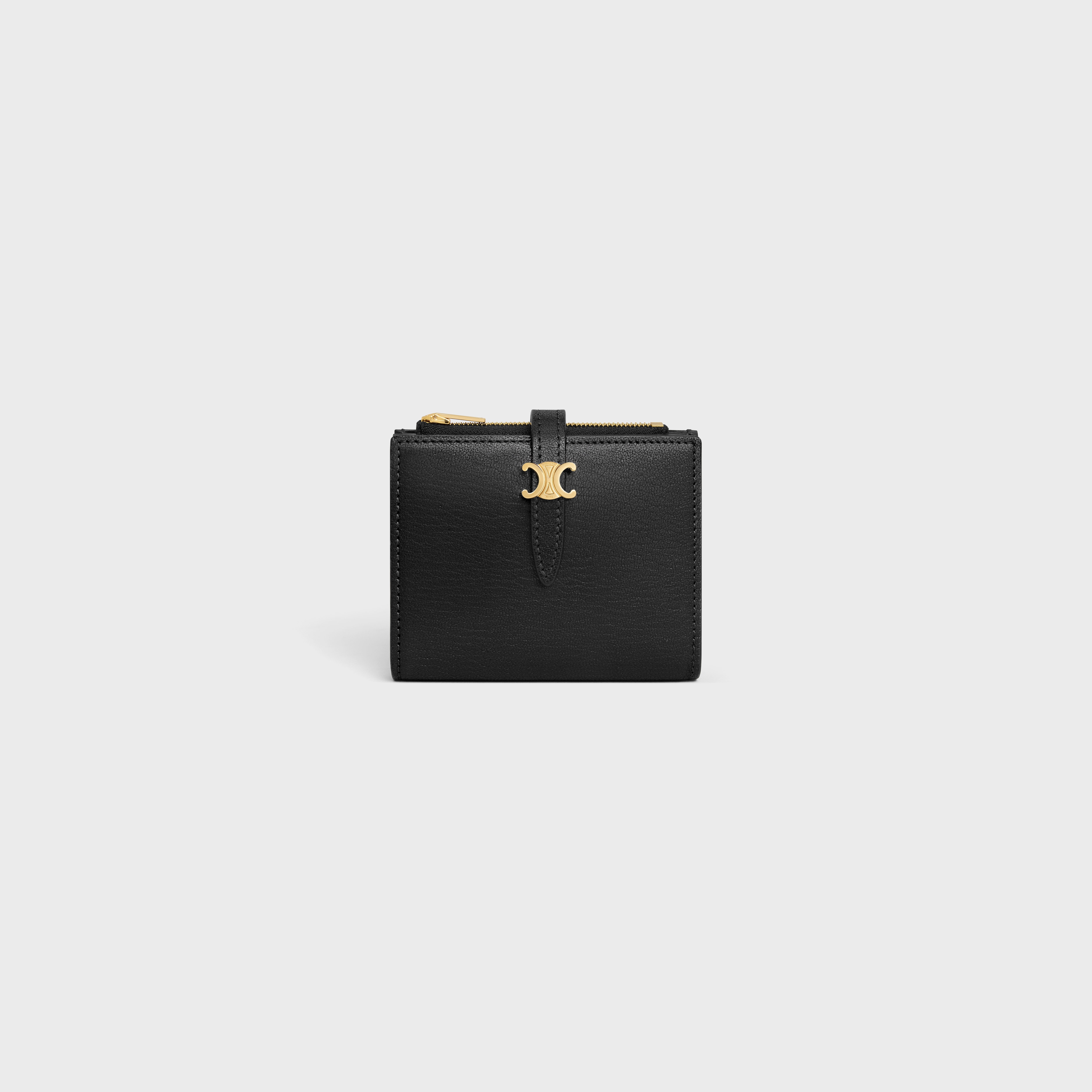 Compact Ring Frame COMPACT WALLET TRIOMPHE PONTET IN GOATSKIN - BLACK | CELINE