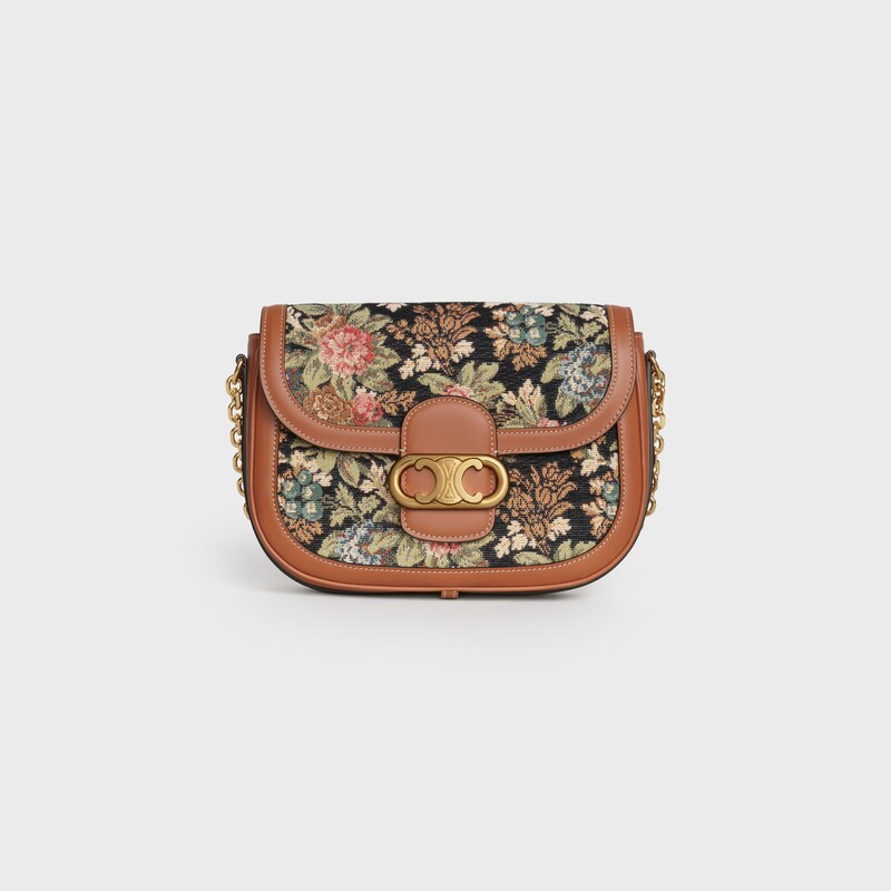 Medium Chain Maillon Triomphe bag in Floral Jacquard and Calfskin | CELINE