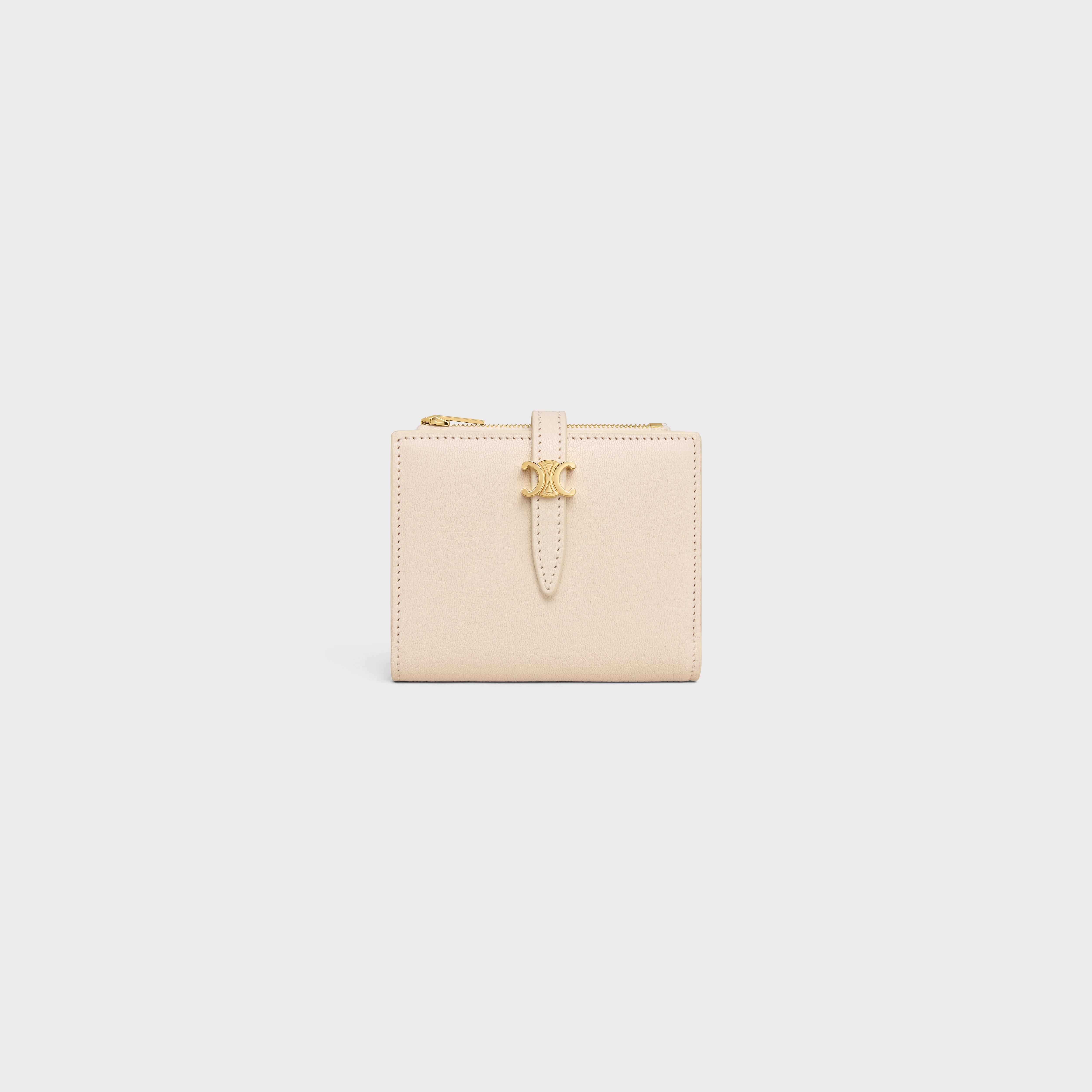 Compact Ring Frame COMPACT WALLET TRIOMPHE PONTET IN GOATSKIN - CREAM | CELINE