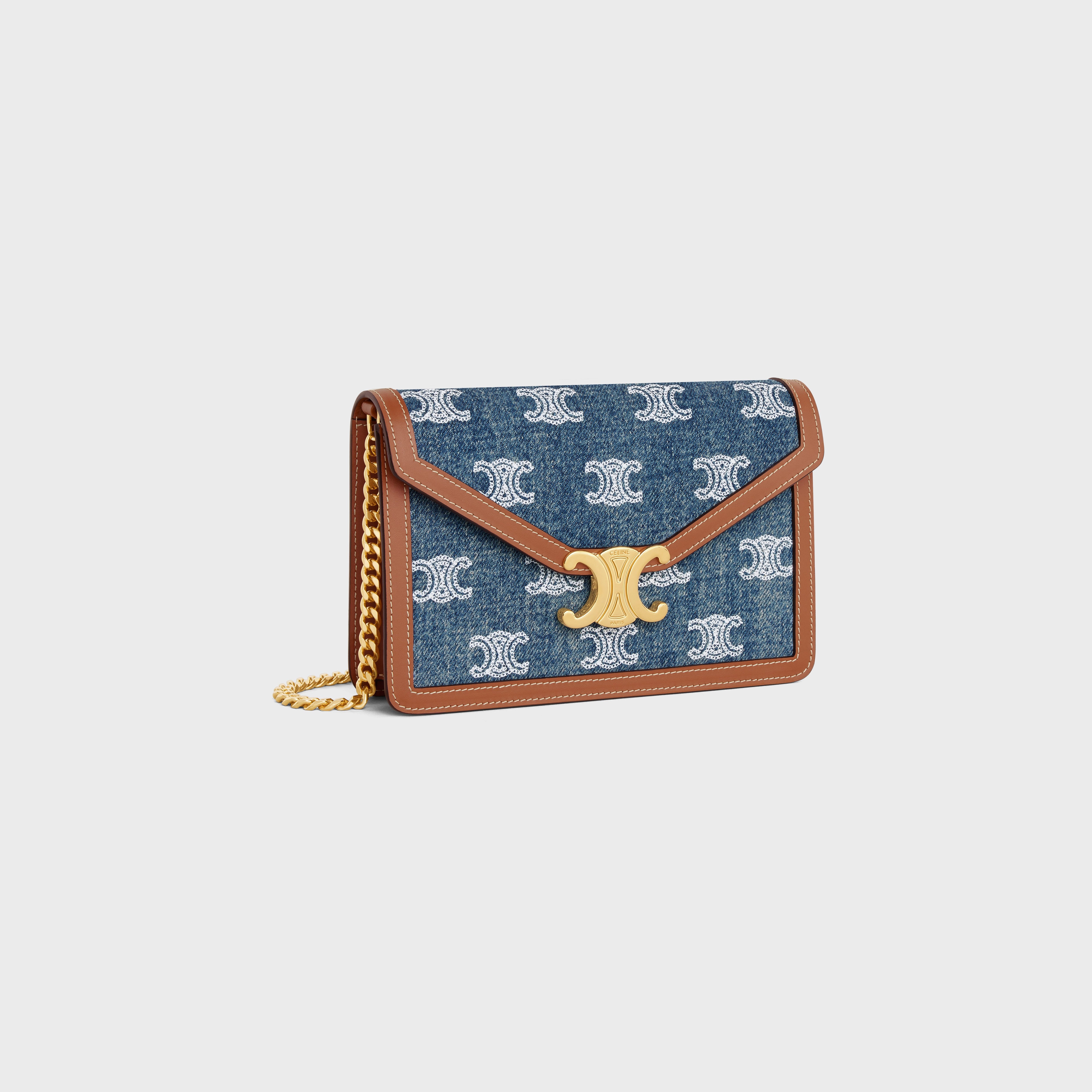 WALLET ON CHAIN MARGO IN DENIM WITH TRIOMPHE ALL-OVER EMBROIDERY