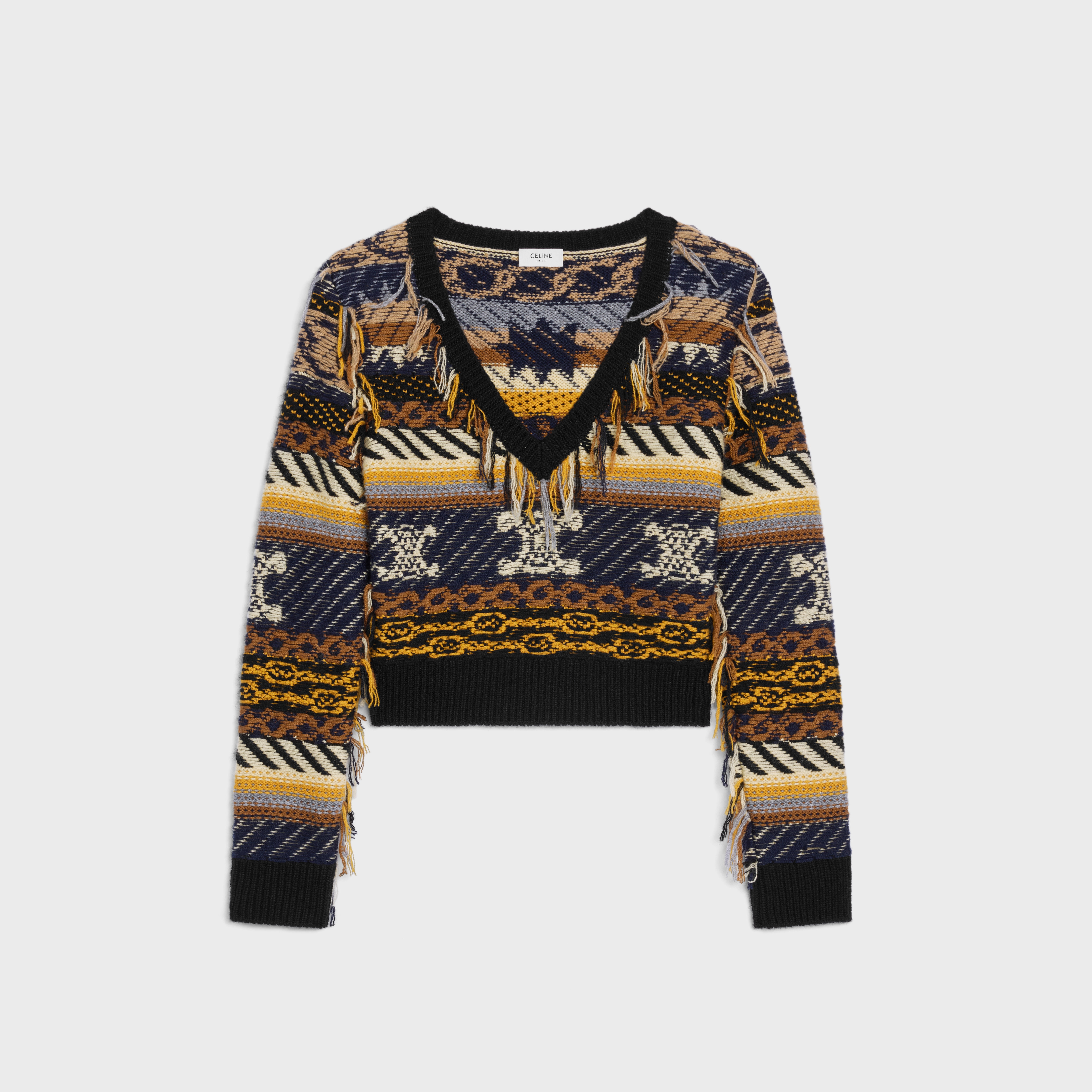 V-NECK SWEATER IN JACQUARD CASHMERE - BROWN / GREY | CELINE