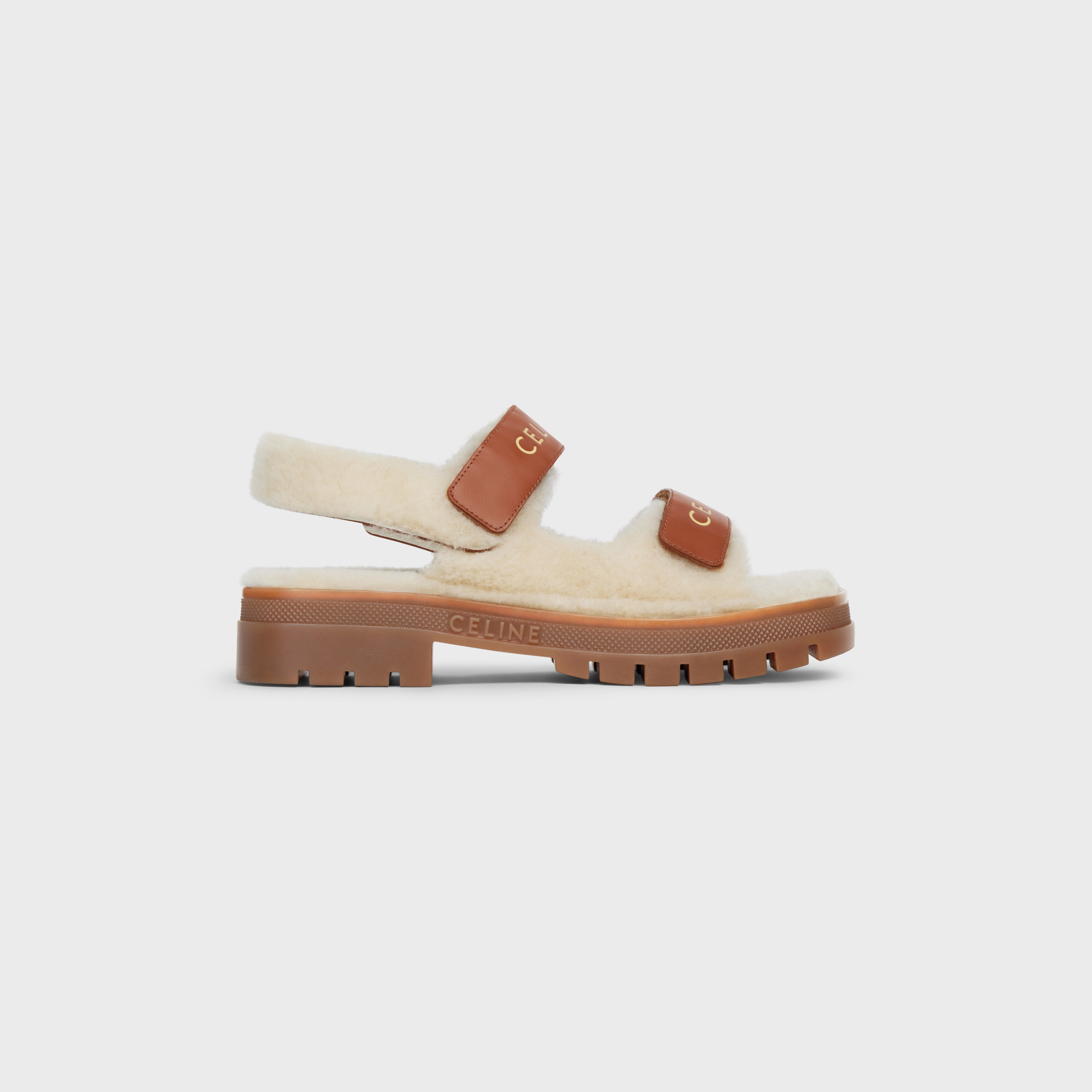 CELINE LEO SCRATCH SANDAL in SHEARLING & CALFSKIN - Natural / Tan | CELINE