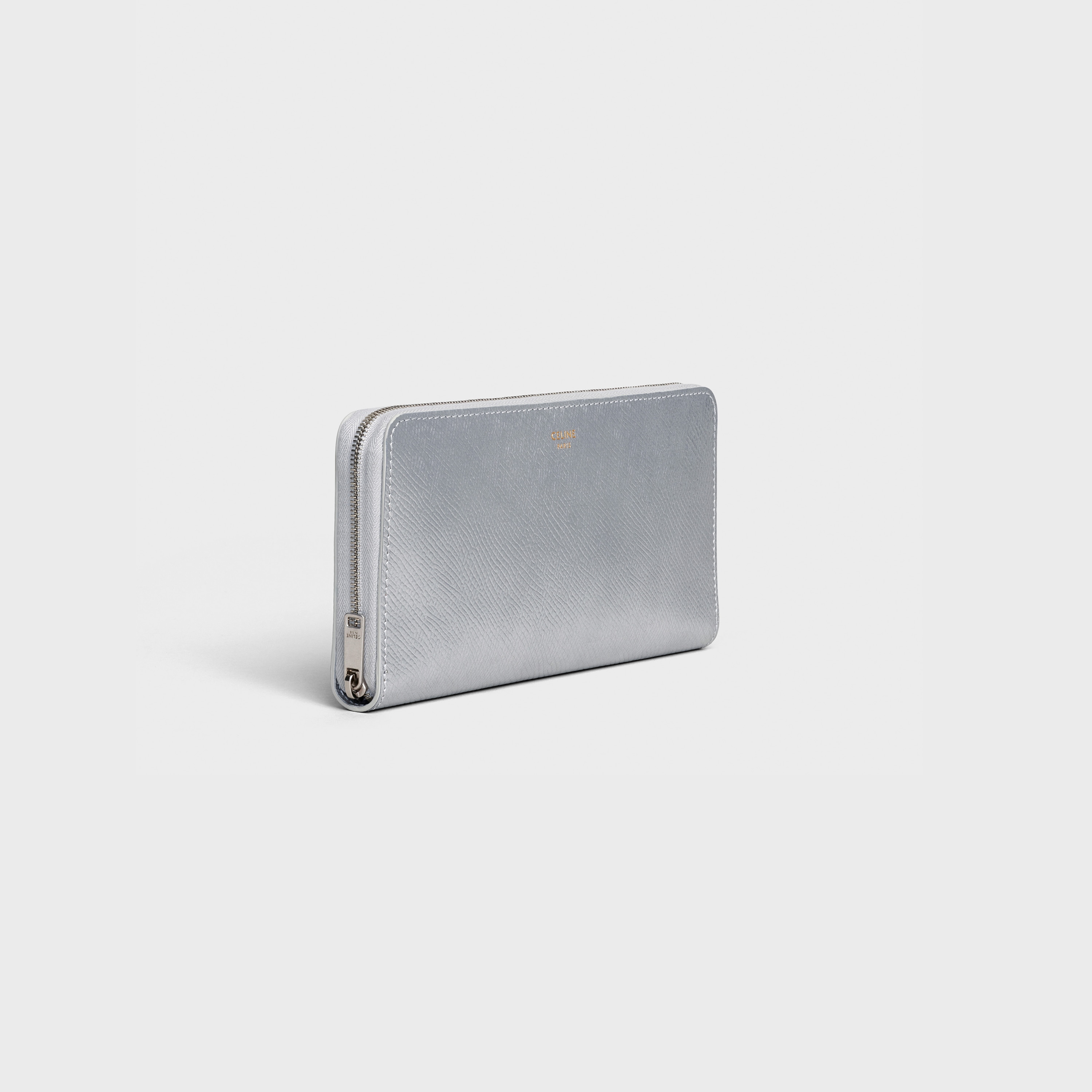 Large zipped wallet in Laminated grained calfskin - Silver | CELINE