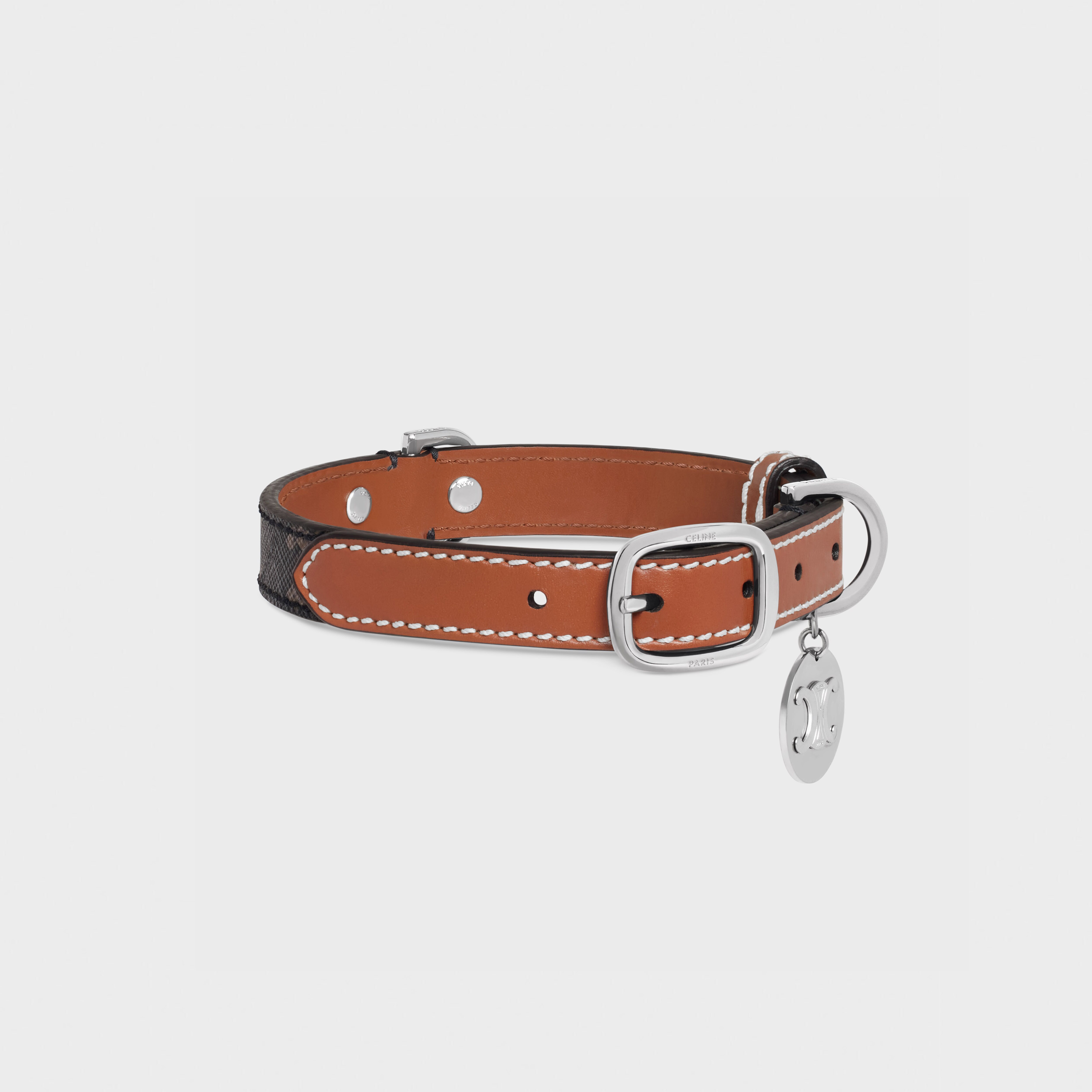 Celine - Small Thin Dog Collar in Triomphe Canvas and Calfskin Leather - Beige / Black / Brown - for Women