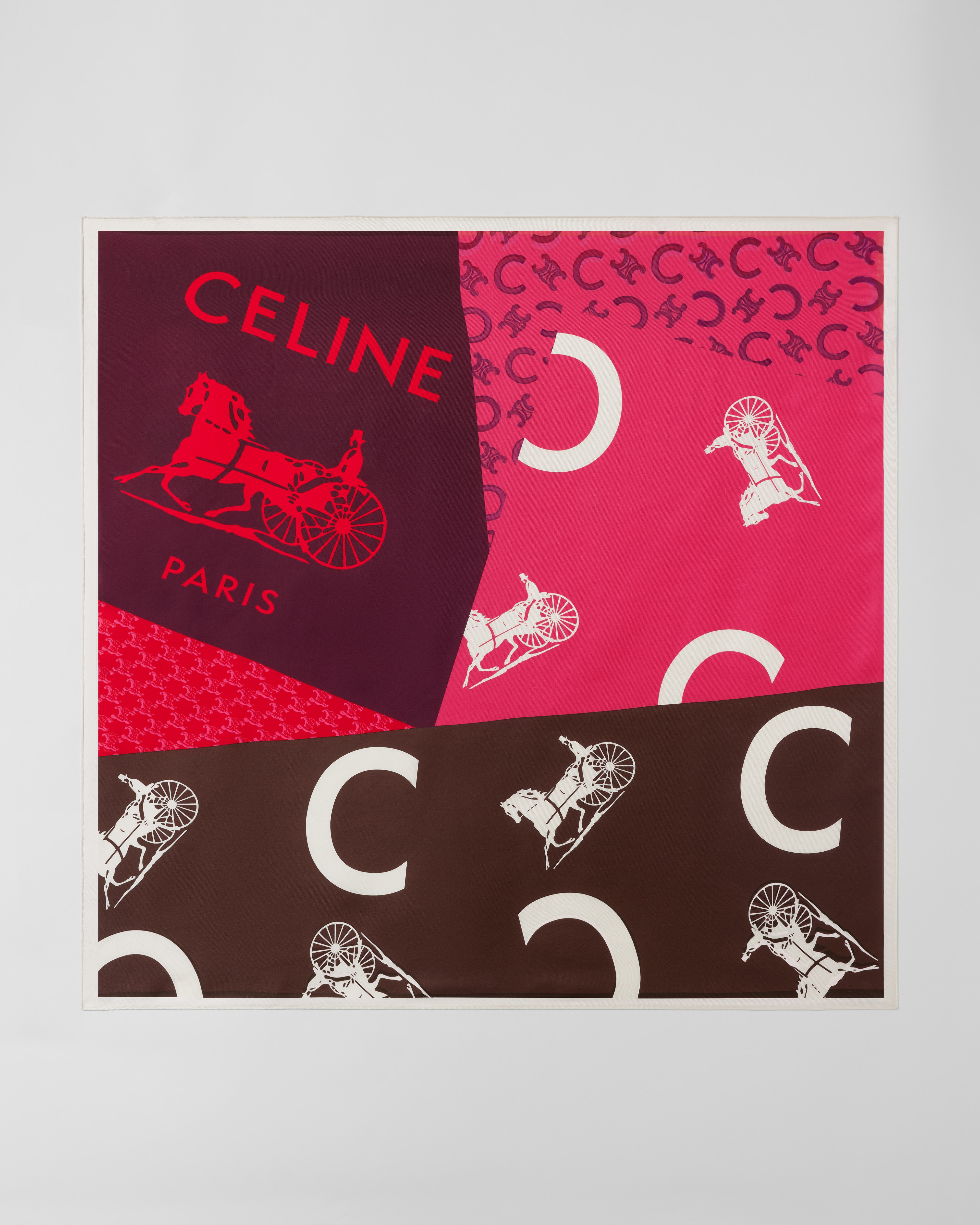 FOULARD PATCHED C CALÈCHE, 90 - FUCSIA/BORDEAUX/MARRONE | CELINE