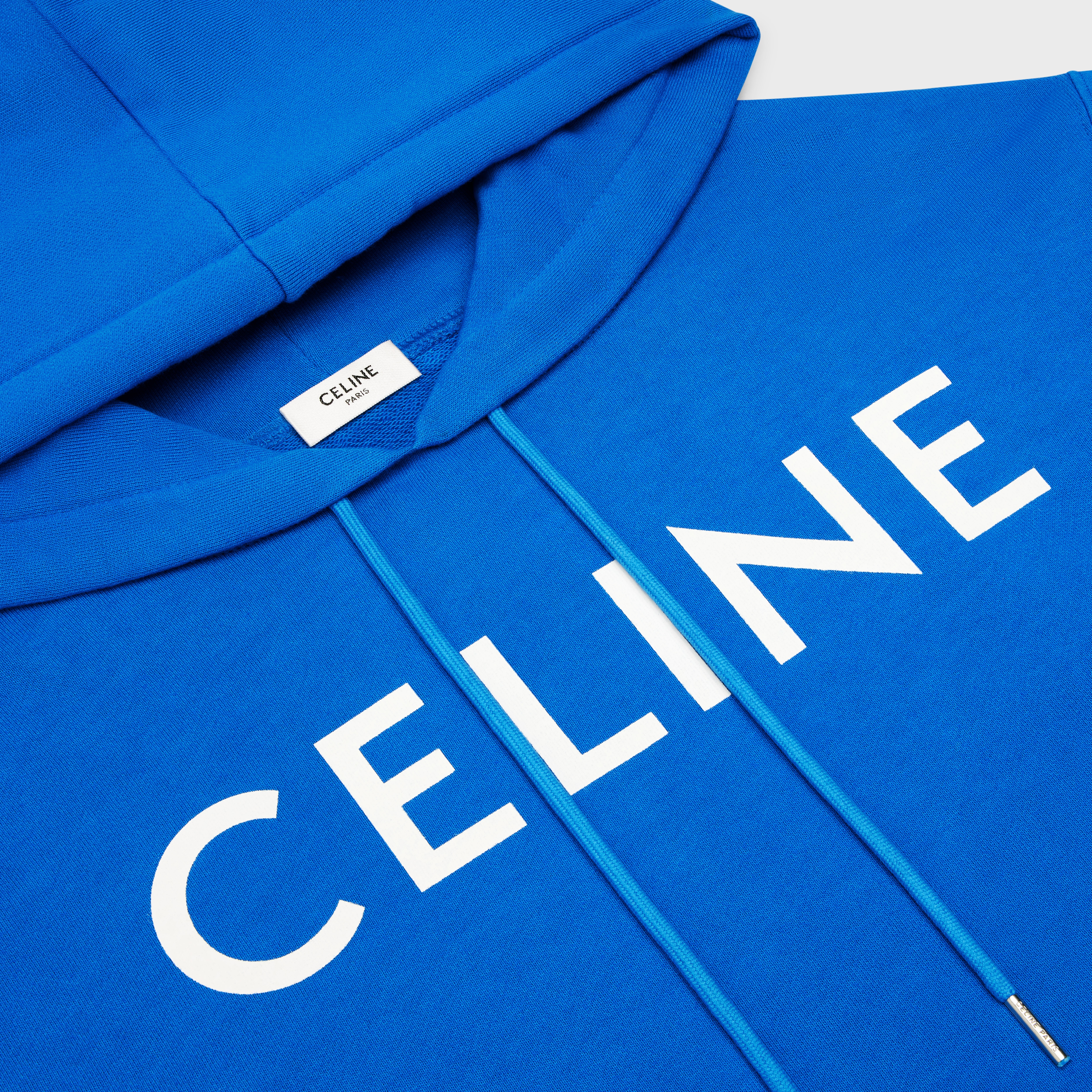 CROPPED CELINE HOODIE IN COTTON FLEECE - BLEU PAON / OFF WHITE | CELINE