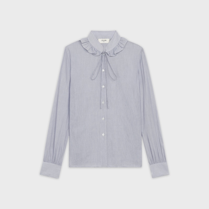 Blusa con cuello de volante de gasa de algod&oacute;n con rayas finas | CELINE
