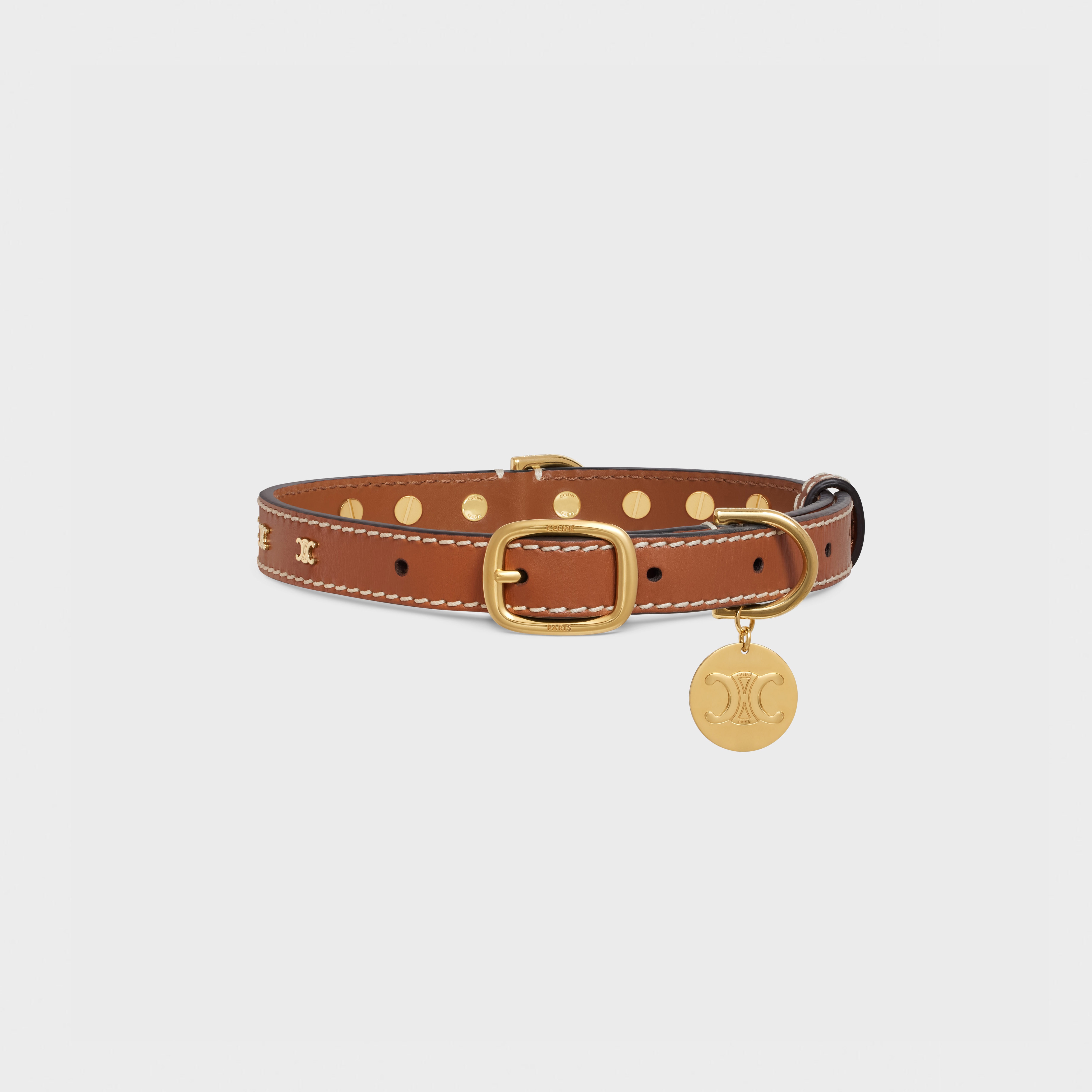 Medium Thin Dog Collar in Smooth Calfskin with Triomphe Studs
