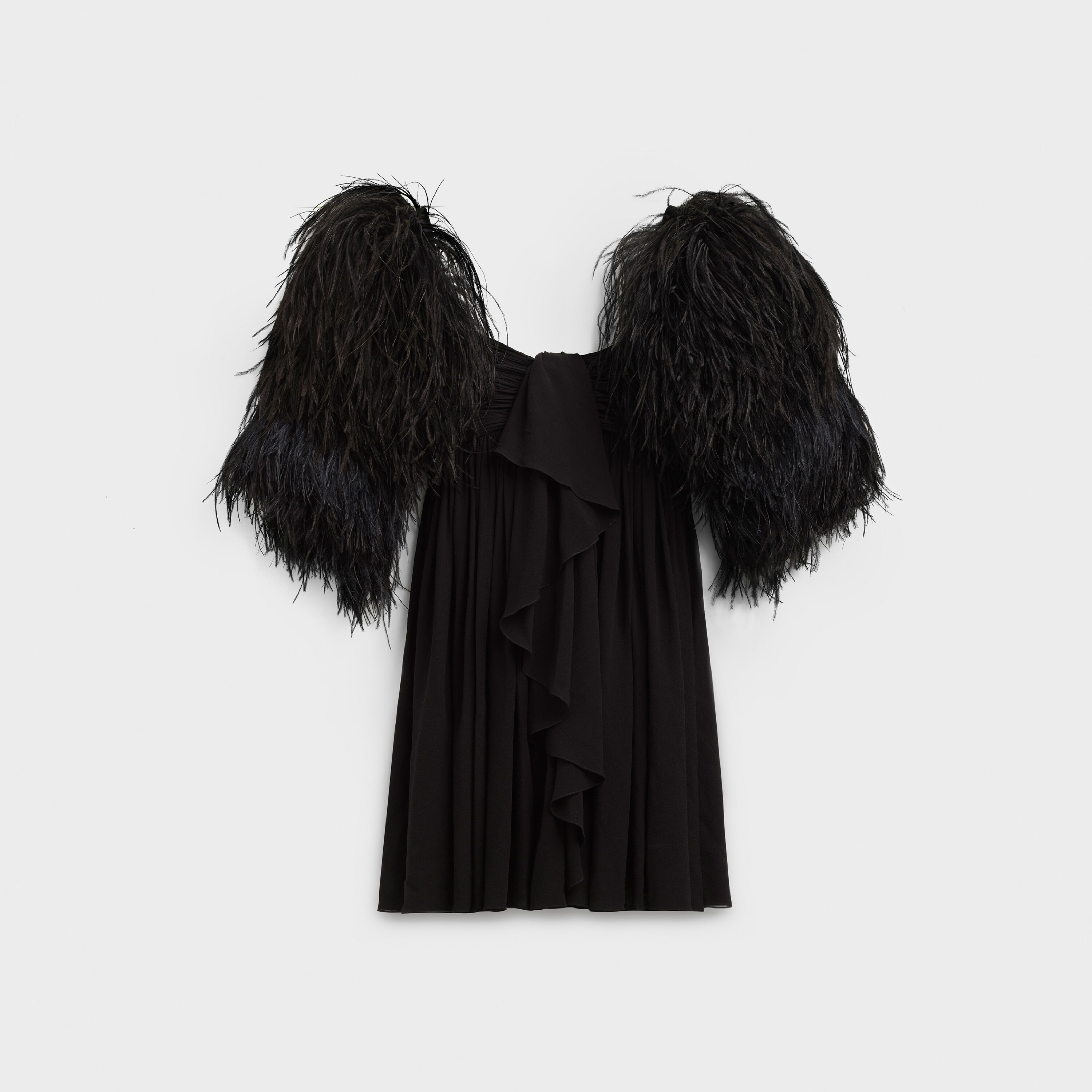 Bustier draped dress in silk with feathers straps