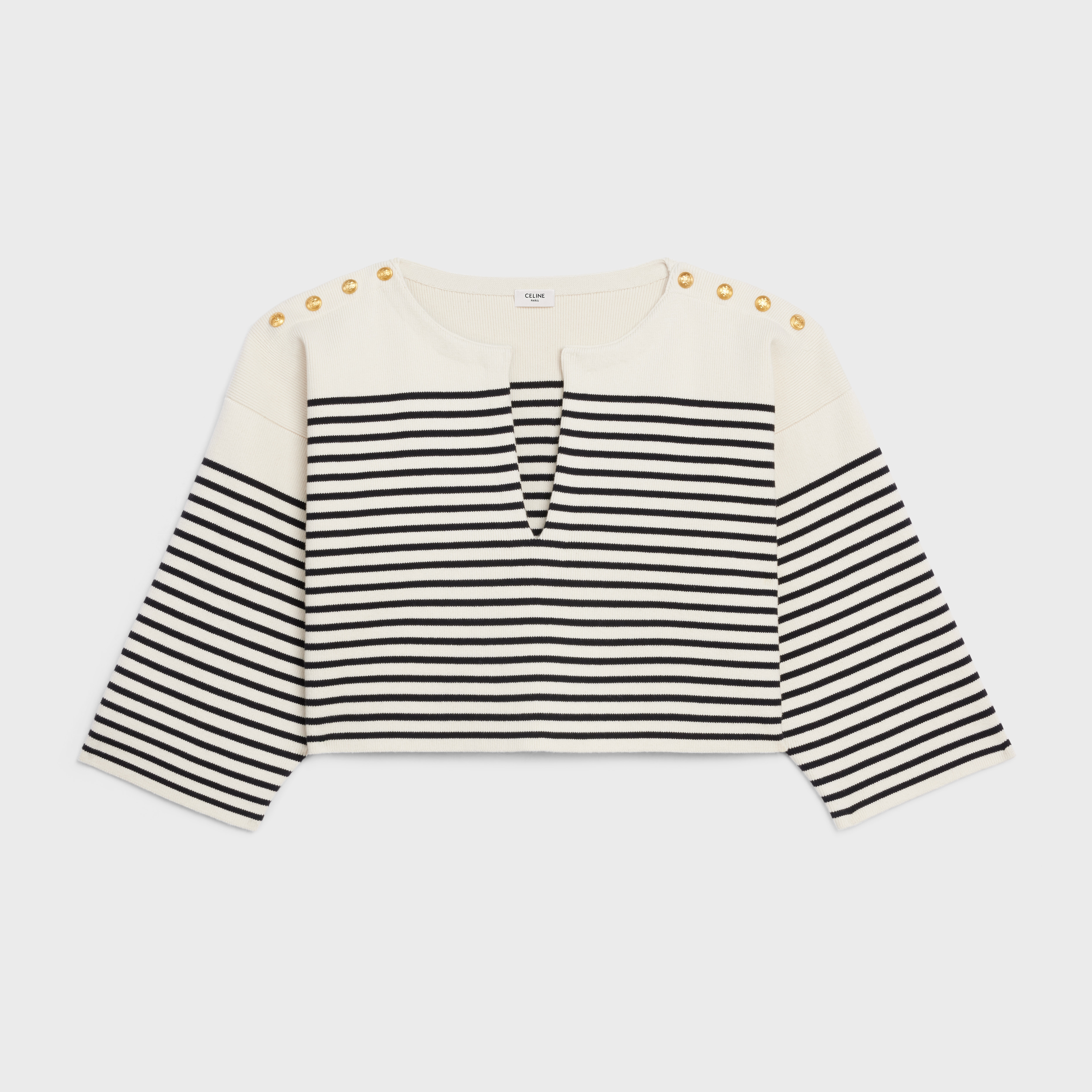 OPEN-COLLAR SWEATER IN STRIPED COTTON - Cream / Black | CELINE